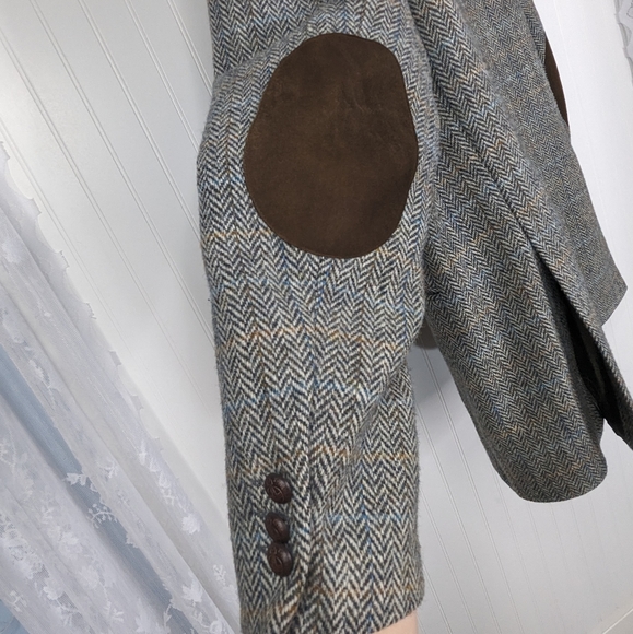 HARRIS TWEED Vintage Virgin Wool Herringbone Elbow Patch Blazer - Picture 11 of 14